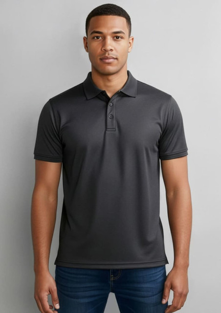 A dark grey men's short sleeve polo shirt with a collar and a logo on the chest.