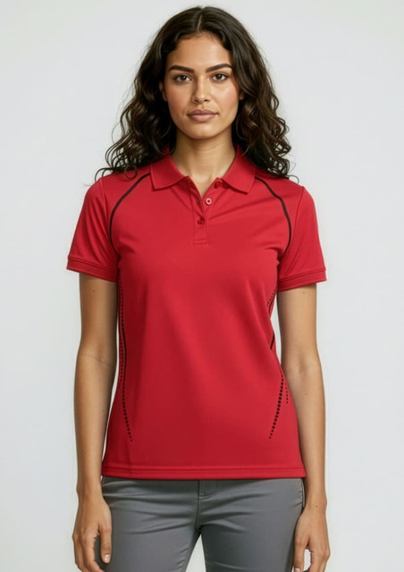 A red short sleeve polo shirt for women, featuring black detailing and a logo.