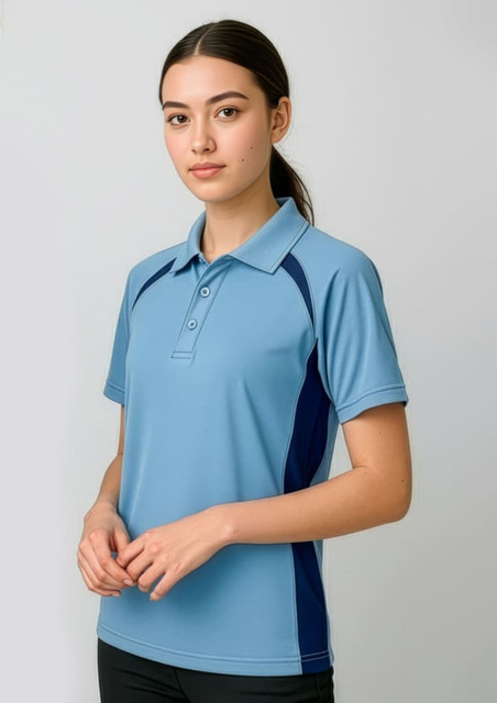A short sleeve polo shirt in light blue with navy side panels and a branded logo.