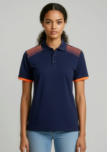 A navy women's short sleeve polo shirt with orange accents and a patterned design on the shoulders. Features a logo.