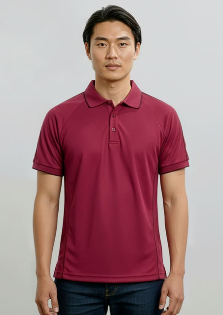 A maroon men's short sleeve polo shirt with a collar and logo, displayed on a model against a neutral background.