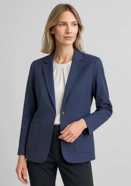A navy women's blazer with a tailored design, featuring a single button and two front pockets.