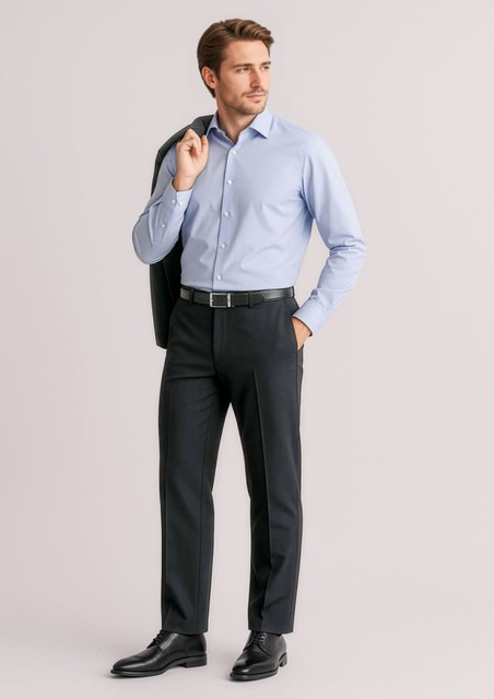 A man wearing stylish black slacks with a light blue shirt and a blazer, showcasing an adjustable waist design.