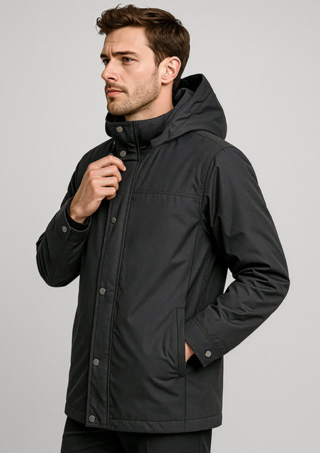 A black men's jacket with a hood, featuring a front zip and snap closure, and side pockets.
