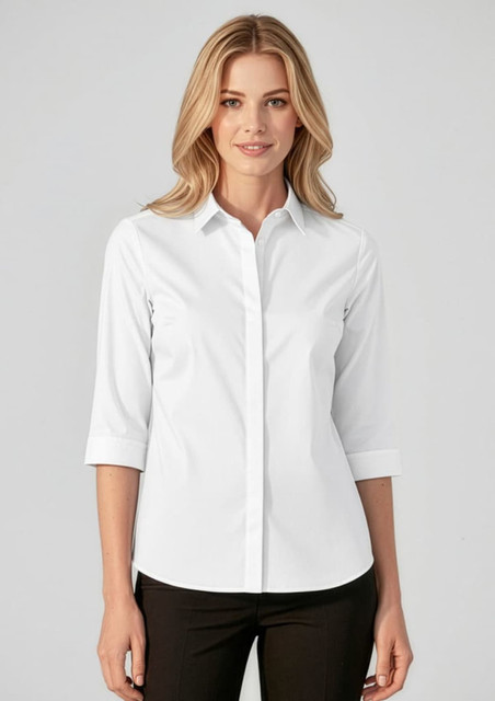 A white women's button-up shirt with 3/4 sleeves, featuring a collar and a fitted design. Includes branding.