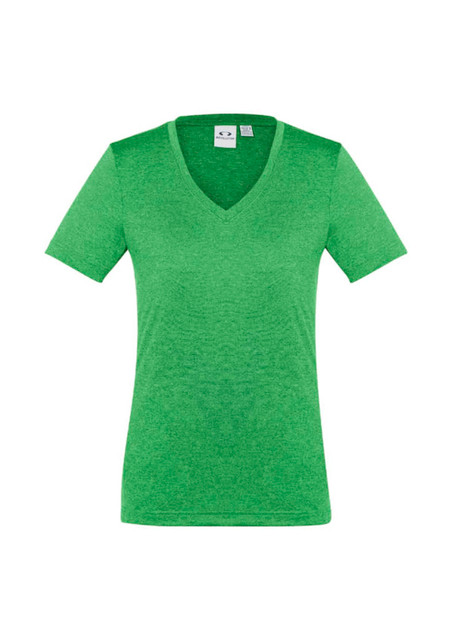 A green women's short sleeve tee featuring a V-neck design and a logo on the label.