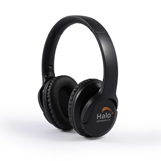 A pair of black ANC headphones with a logo on one earcup, featuring cushioned ear pads and a sleek design.