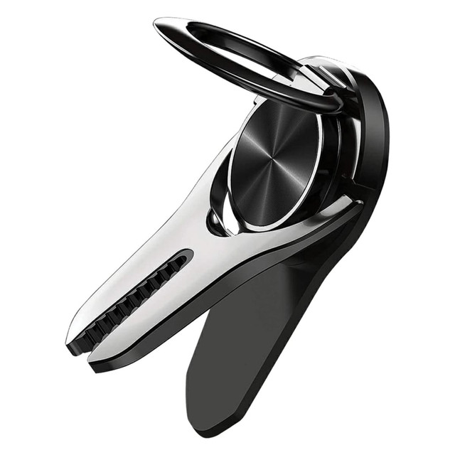 A black and silver car vent phone holder ring with a circular grip and adjustable clamp. It features a logo.