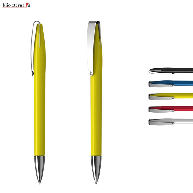 A yellow plastic pen with a silver clip, alongside pens in black, blue, red, and white. Branding is present.