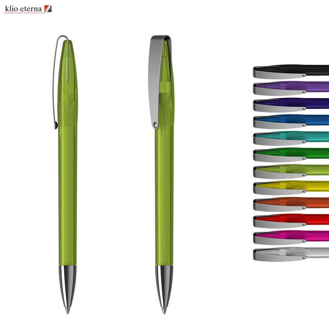 A green transparent plastic pen with a silver clip, alongside a range of other coloured pens.
