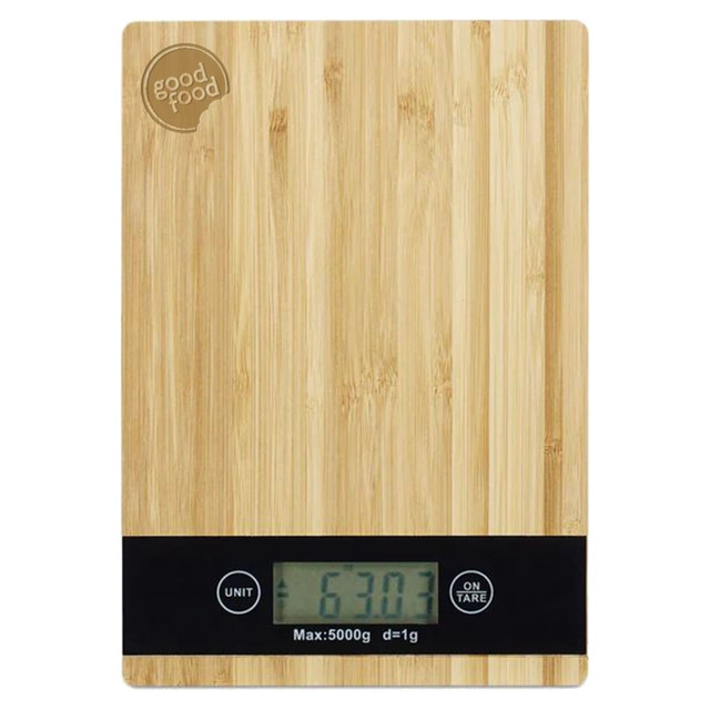 A bamboo kitchen scale with a digital display, featuring a black base and a logo at the top.