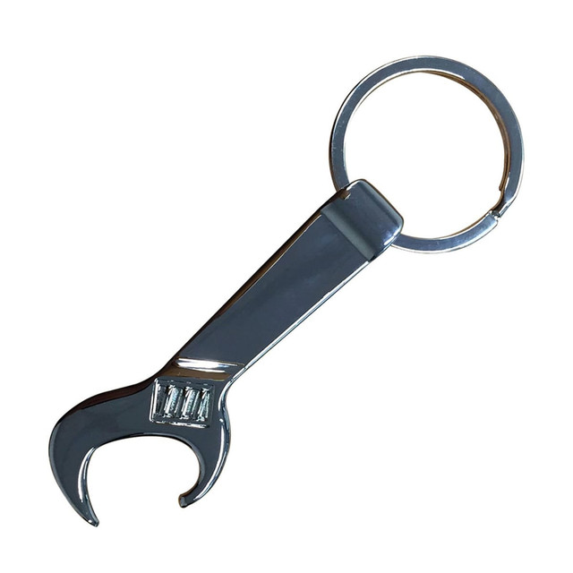 A drink bottle opener in the shape of a spanner, featuring a shiny metallic finish and attached to a key ring.