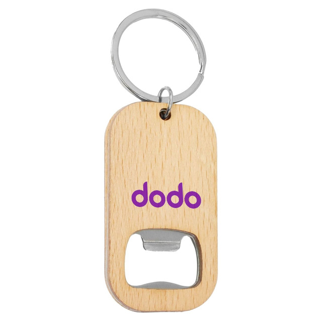 A drink bottle opener keyring in natural wood with a metal opener and a logo in purple.