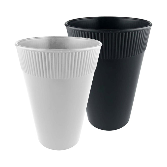 A set of two 12oz plastic cups in white and black, featuring a ribbed design and one cup has a logo.