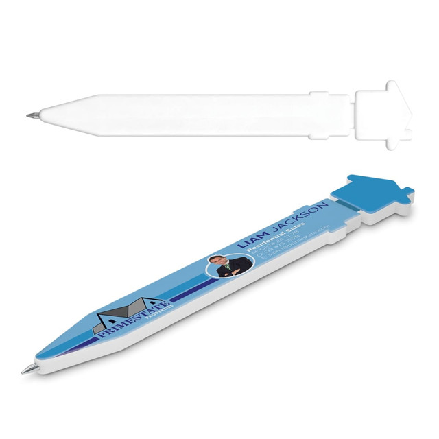 A white plastic pen shaped like an arrow with a blue and white design, featuring a name and image.