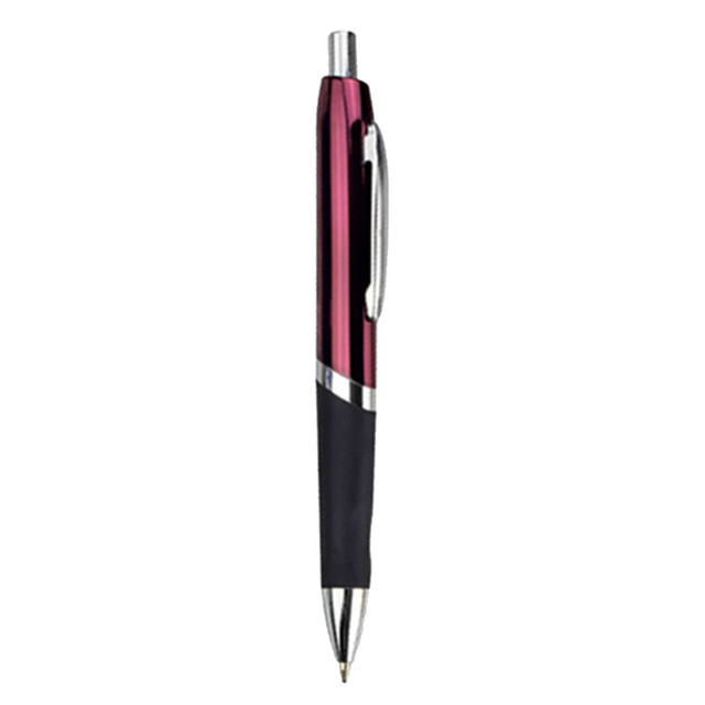 A metal pen in burgundy and silver, featuring a black grip and a logo on the body.