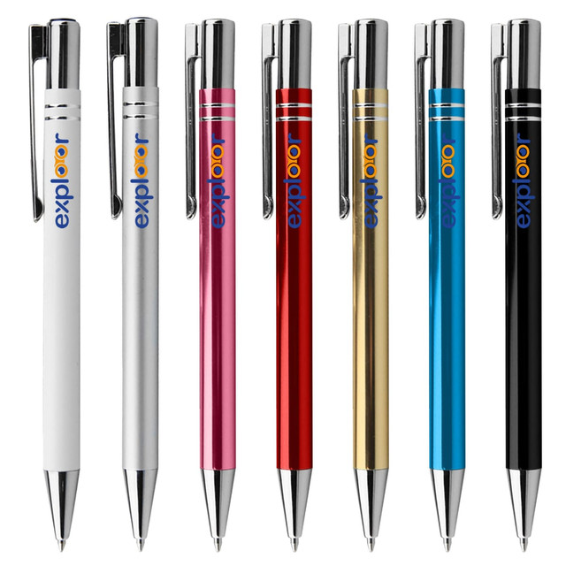 A collection of metal pens in white, pink, red, gold, blue, and black, featuring a branding logo.