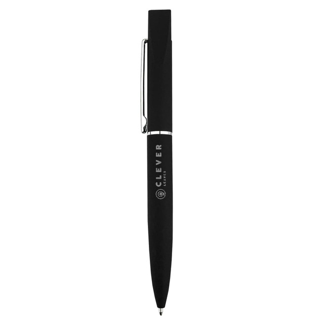 A black metal pen with a sleek design and a clip, featuring a small logo.