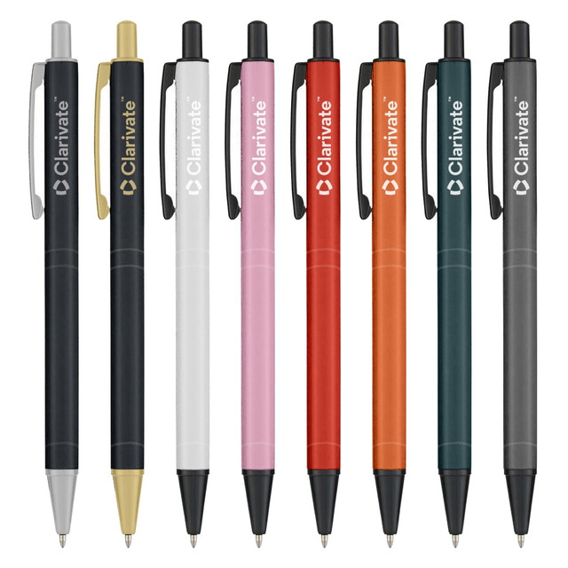 A set of eight metal pens in various colours including gold, white, pink, red, orange, teal, grey, and black, featuring a logo.