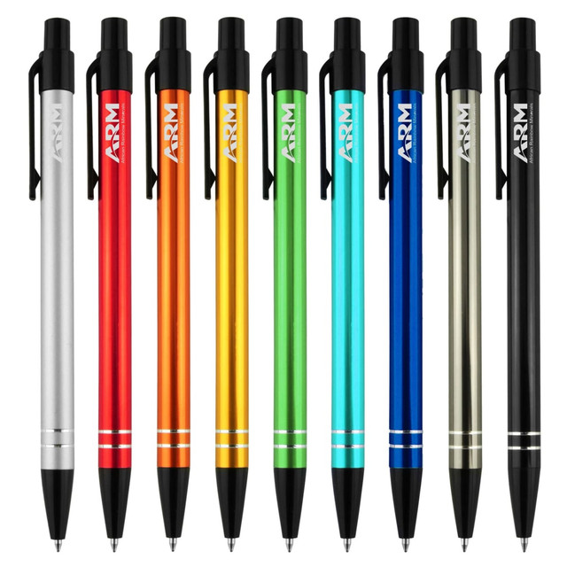 A collection of metal pens in silver, red, orange, green, blue, and gold, featuring a logo on each pen.