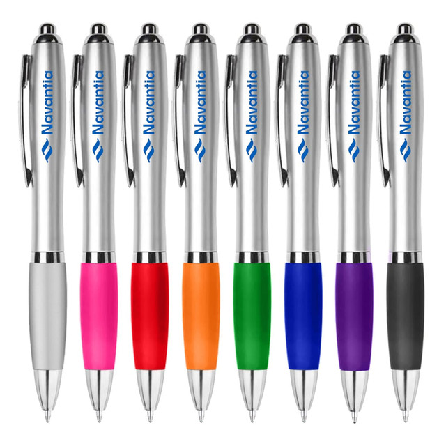 A selection of plastic pens in silver, pink, orange, green, blue, and purple, featuring a logo on each.