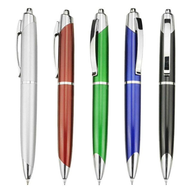 A collection of five plastic pens in silver, brown, green, blue, and black, each with a logo on the barrel.