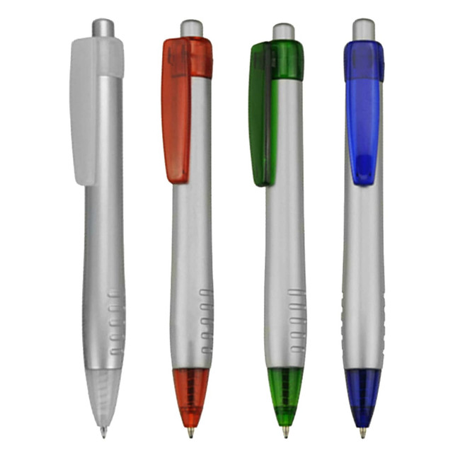 Four plastic pens in silver with coloured clips: red, green, blue, and grey. Each pen features a logo.
