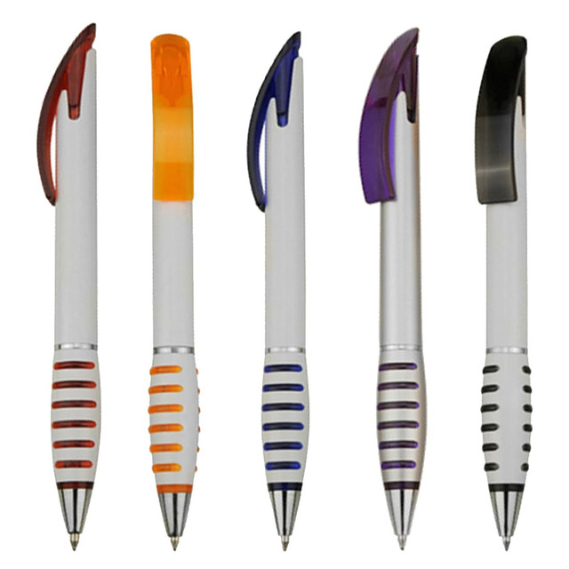 A selection of plastic pens in red, orange, purple, and black, featuring a white barrel and grip designs.