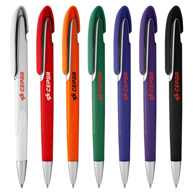 A selection of plastic pens in white, orange, green, purple, and black, featuring various logos.