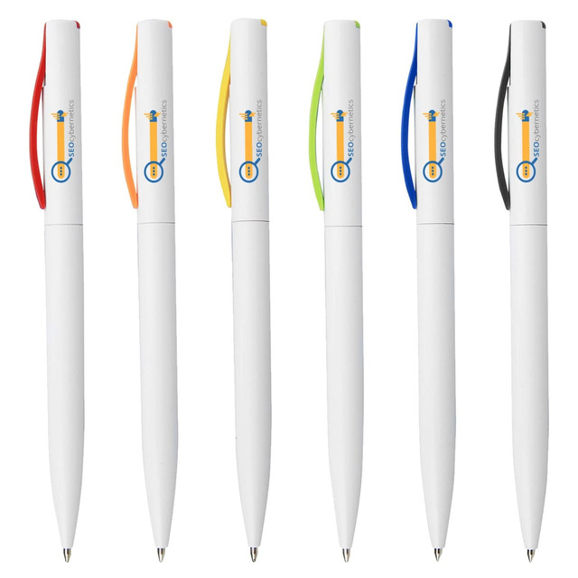 A collection of six plastic pens in white, featuring coloured clips: red, orange, yellow, green, blue, and black. Each pen has a logo.
