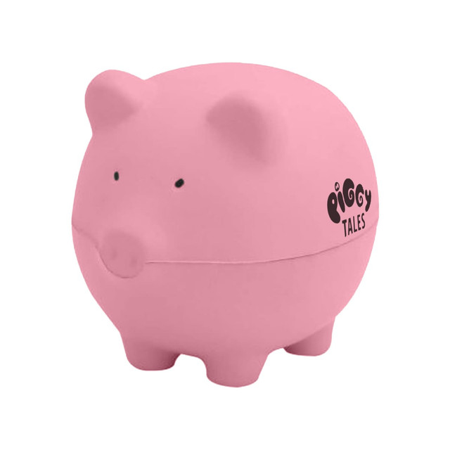 A pink stress-relief pig in a round shape with small ears, a snout, and a logo on the side.