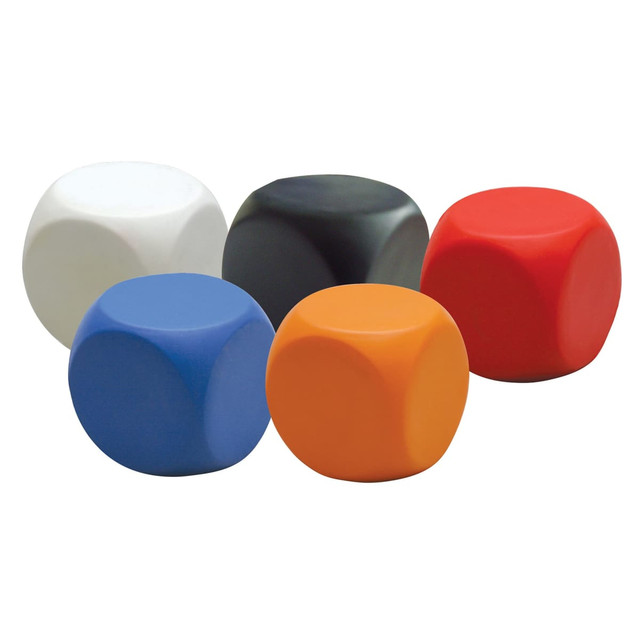 A set of five stress round cubes in red, blue, orange, black, and white, featuring a smooth texture and rounded edges.