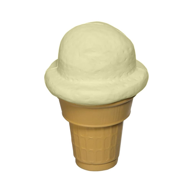 A stress toy shaped like a scoop of ice cream in light green atop a beige cone. It features a small logo.