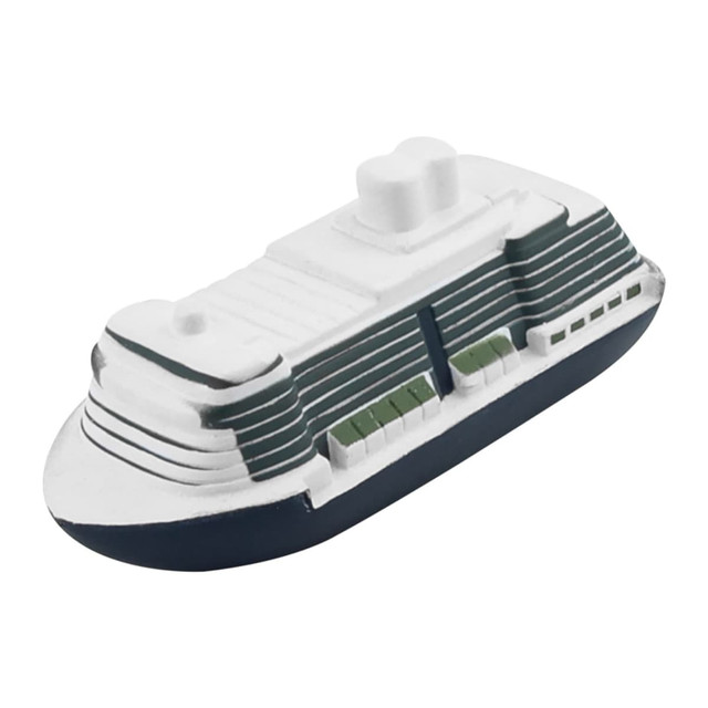 A stress relief toy shaped like a cruise ship, featuring white and navy blue colours with detailed deck designs.