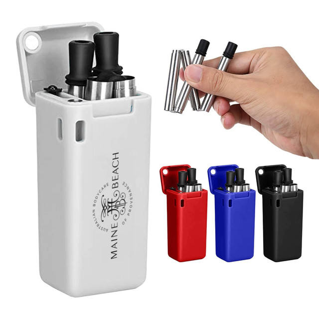A set of metal straws in silver, contained in a rectangular case available in white, red, blue, and black, with a logo.