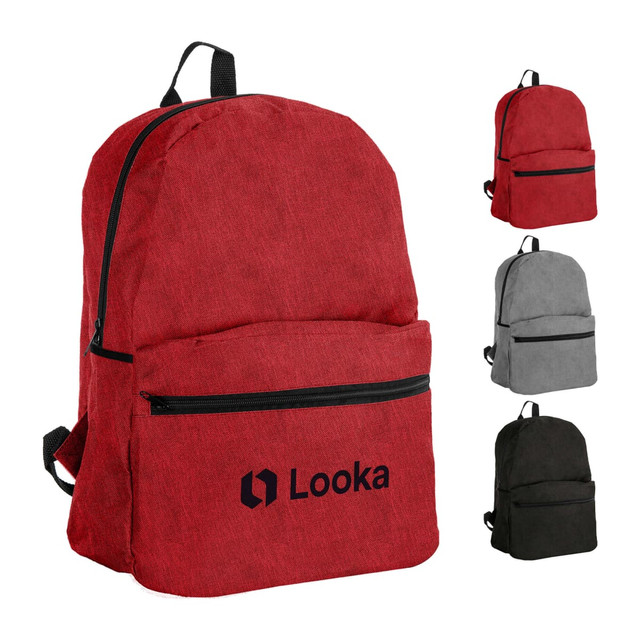 A red backpack with a front pocket and a logo, also available in grey and black.