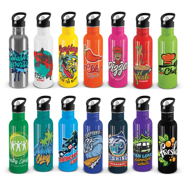A drink bottle collection featuring various colours including white, red, green, blue, purple, and orange, each with logo designs.