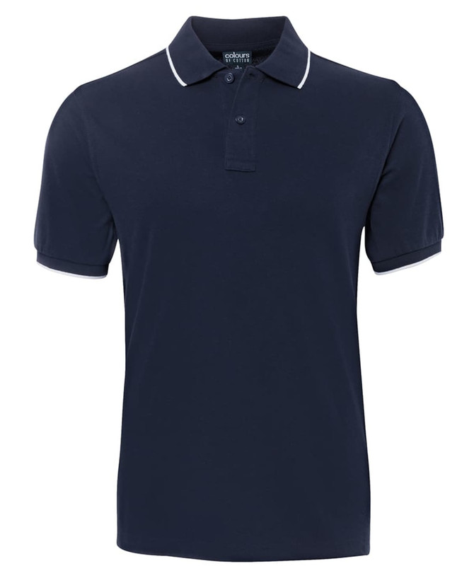 Navy polo shirt with white detailing, featuring a collar and short sleeves. Includes a logo.