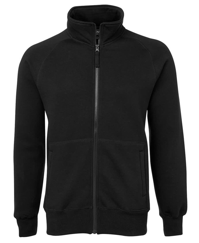 A black full zip fleece jumper with a high collar and two front pockets, featuring a logo.