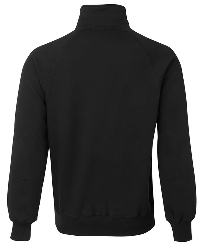 A black jumper featuring a full zip, high collar, and raglan sleeves, with elbow patches.