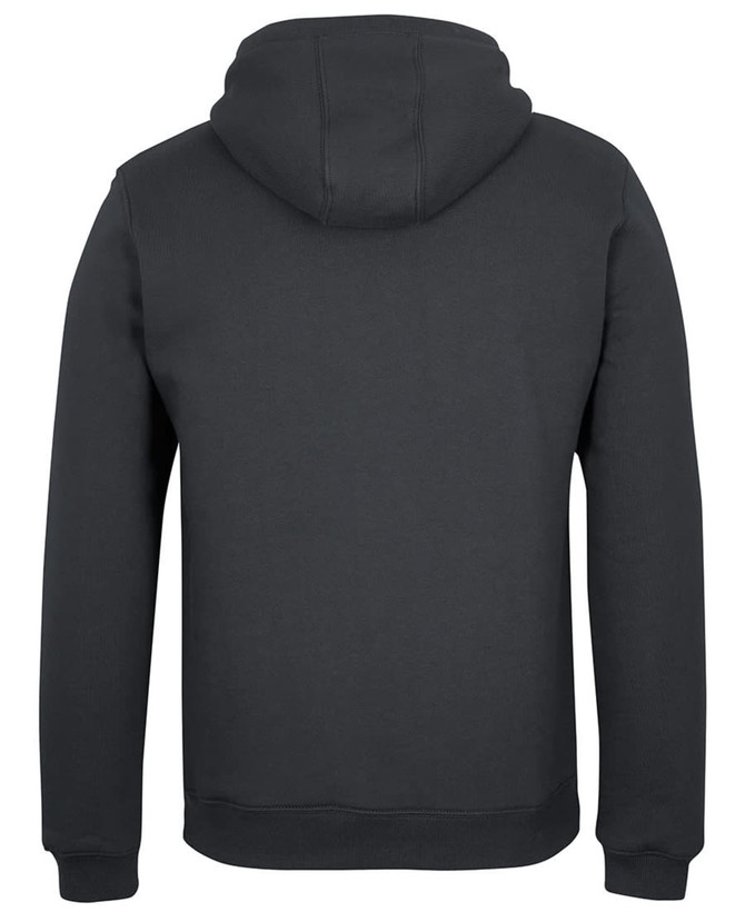 A dark navy hoodie with a 1/2 zip and a hood, featuring a plain back and long sleeves.
