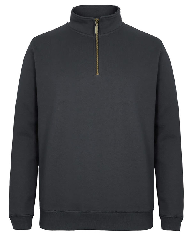 A dark grey 1/2 zip sweatshirt with a high collar and a zipper, featuring a brand logo.