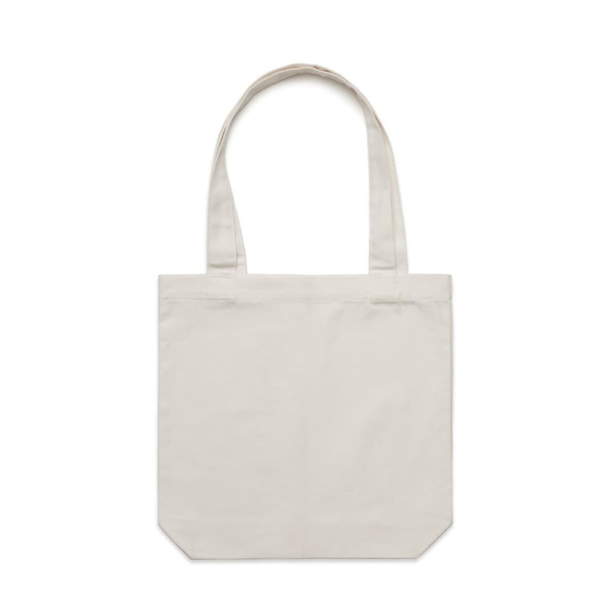 A beige tote bag with long handles and a simple design, featuring a logo.