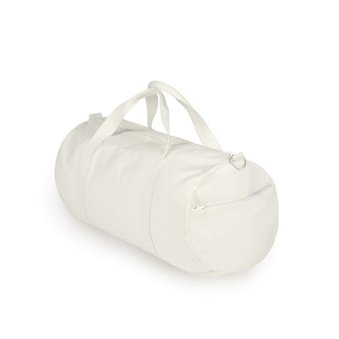 A light cream canvas duffel bag with a zippered pocket and dual handles. It has a simple, clean design.