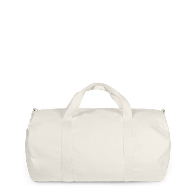 A white canvas duffel bag with two handles and a zip closure, featuring a logo.