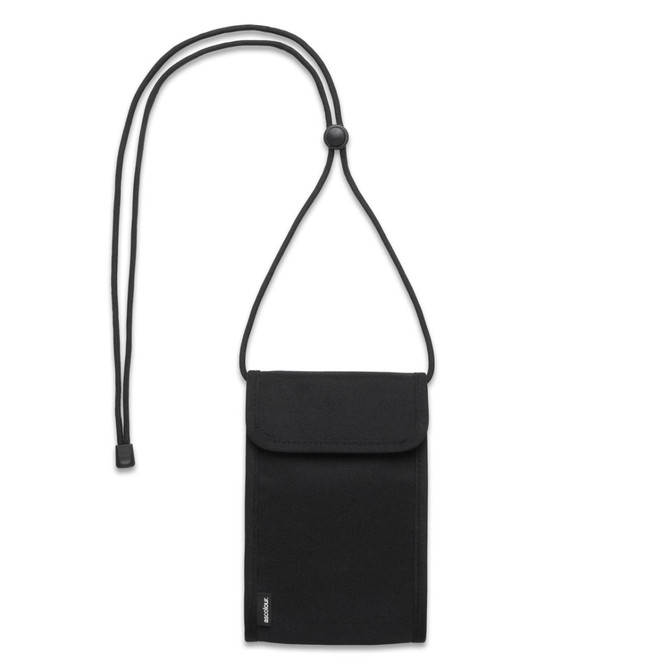 A black recycled phone bag with a drawstring neck strap and a flap closure. It features a logo.