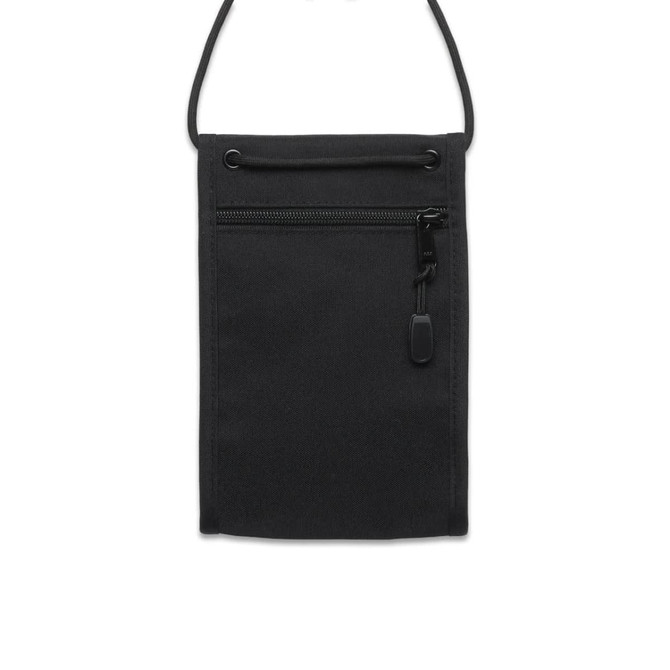 A black recycled phone bag featuring a front zip pocket and an adjustable strap. It has a small logo.