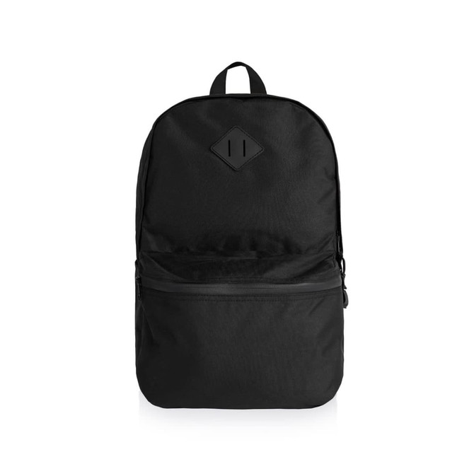 A black backpack featuring a front pocket and a logo. The fabric appears smooth and durable.