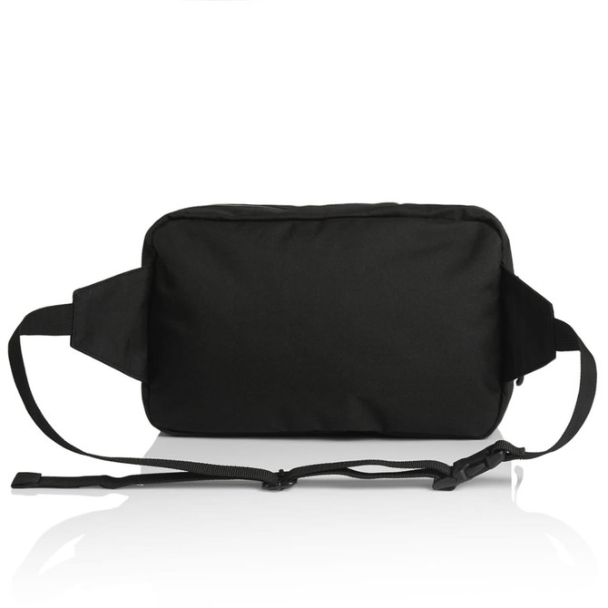 A black recycled double waist bag with an adjustable strap and a logo. The bag features a sleek, minimalist design.