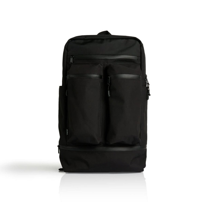 A black recycled travel backpack featuring two front pockets and a branding logo.